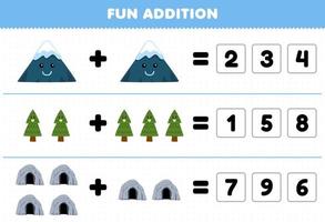 Education game for children fun addition by guess the correct number of cute cartoon mountain tree cave printable nature worksheet vector