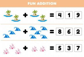 Education game for children fun addition by guess the correct number of cute cartoon island wave coral printable nature worksheet vector