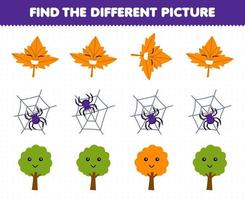 Education game for children find the different picture in each row of cute cartoon spider web maple leaf tree printable nature worksheet vector