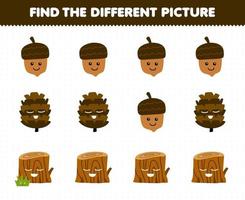 Education game for children find the different picture in each row of cute cartoon acorn pinecone wood log printable nature worksheet vector