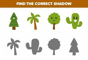 juego educativo para niños encontrar el juego de sombras correcto de la hoja de trabajo de naturaleza imprimible del árbol de dibujos animados lindo vector