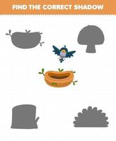 Education game for children find the correct shadow set of cute cartoon bird nest printable nature worksheet vector