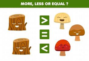 Education game for children more less or equal count the amount of cute cartoon wood log and mushroom printable nature worksheet vector