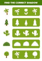 Education game for children find the correct shadow silhouette of cute cartoon bush cactus palm tree printable nature worksheet vector