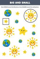 Education game for children arrange by size big or small by drawing circle and square of cute cartoon sun star planet printable nature worksheet vector