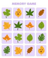 Education game for children memory to find similar pictures of cute cartoon leaf printable nature worksheet vector