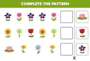 juego educativo para niños corta y completa el patrón de cada fila de una linda hoja de trabajo de flores de dibujos animados vector