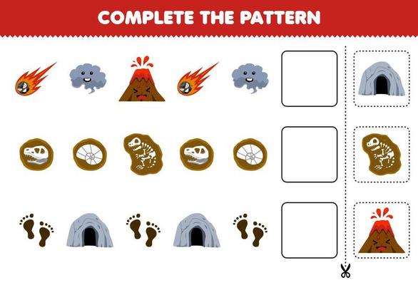 Education game for children cut and complete the pattern of each row from a cute cartoon meteor smoke volcano fossil footprint cave worksheet