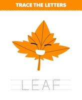 Education game for children trace the letter of cute cartoon leaf printable nature worksheet vector