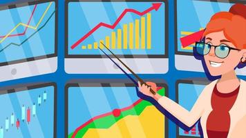 Broker Female Vector. Stock-market Broker. Charts, Data Analyses. Trading Stocks Online. Computer Screen. Traders Office. Business Success. Flat Cartoon Illustration vector