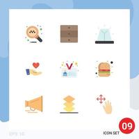 Modern Set of 9 Flat Colors and symbols such as identification love bell hand donation Editable Vector Design Elements