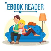 E-Book Reader Vector. E-Learning. Couple At Home. Online Library. Using Ebook. Alternative Device. Reading With An E-book. Isolated Flat Cartoon Illustration vector