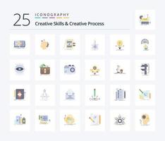 Creative Skills And Creative Process 25 Flat Color icon pack including flask. research. idea. files. sale vector