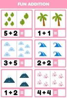 Education game for children fun addition by counting and sum of cute cartoon leaf tree cloud wave mountain coral printable nature worksheet vector