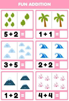 Education game for children fun addition by counting and sum of cute cartoon leaf tree cloud wave mountain coral printable nature worksheet
