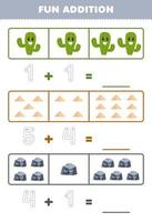 Education game for children fun addition by counting and tracing the number of cute cartoon cactus sand stone printable nature worksheet vector