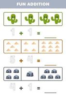 Education game for children fun addition by counting and tracing the number of cute cartoon cactus sand stone printable nature worksheet vector