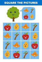 juego educativo para niños ayuda lindo dibujo animado árbol cuadrado la hoja correcta rama manzana conjunto imagen imprimible naturaleza hoja de trabajo vector