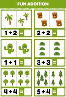 Education game for children fun addition by counting and sum of cute cartoon cactus tree wood log bush printable nature worksheet vector