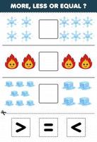Education game for children count more less or equal of cartoon snowflake fire ice then cut and glue the correct sign nature worksheet vector