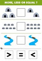 Education game for children count more less or equal of cartoon cave rock river then cut and glue the correct sign nature worksheet vector