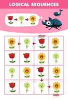 Education game for children logical sequence help cute cartoon bug sort flower from start to finish printable nature worksheet vector