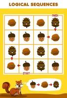 Education game for children logical sequence help cute cartoon squirrel sort acorn nut and pinecone from start to finish printable nature worksheet vector