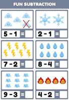juego educativo para niños diversión resta contando y eliminando dibujos animados lindo nube copo de nieve trueno agua hielo fuego hoja de trabajo de naturaleza imprimible vector