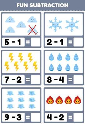 Education game for children fun subtraction by counting and eliminating cute cartoon cloud snowflake thunder water ice fire printable nature worksheet