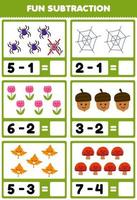 Education game for children fun subtraction by counting and eliminating cute cartoon spider web flower acorn maple leaf mushroom printable nature worksheet vector