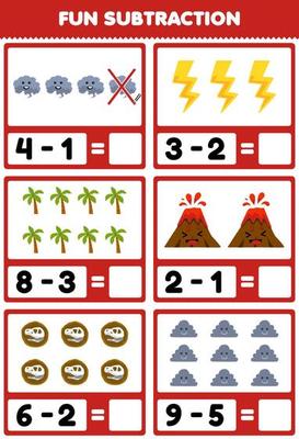 Education game for children fun subtraction by counting and eliminating cute cartoon smoke volcano thunder cloud tree fossil printable nature worksheet