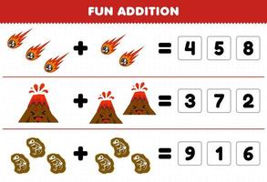 Education game for children fun addition by guess the correct number of cute cartoon meteor volcano fossil printable nature worksheet vector