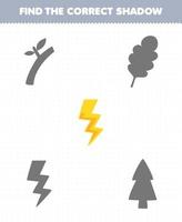 Education game for children find the correct shadow set of cute cartoon thunder printable nature worksheet vector