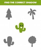 Education game for children find the correct shadow set of cute cartoon cactus tree printable nature worksheet vector