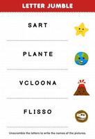 Education game for children letter jumble write the correct name for cute cartoon star planet volcano fossil printable nature worksheet vector