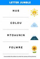 Education game for children letter jumble write the correct name for cute cartoon sun cloud mountain flower printable nature worksheet vector