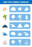 Education game for children find the correct shadow silhouette of cute cartoon sand palm tree mountain wave coral printable nature worksheet vector