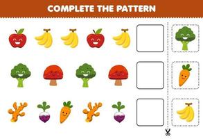 Education game for children cut and complete the pattern of each row from a cute cartoon apple banana broccoli mushroom turmeric beet carrot worksheet vector