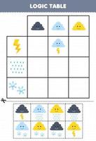 Education game for children logic table cartoon cloud match with thunder rain or snowflake printable nature worksheet vector