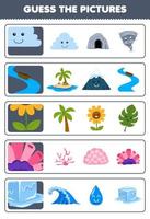 Education game for children guess the correct pictures of cute cartoon cloud river flower coral ice printable nature worksheet vector