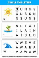 Education game for children circle the beginning letter from cute cartoon sun island wave printable nature worksheet vector