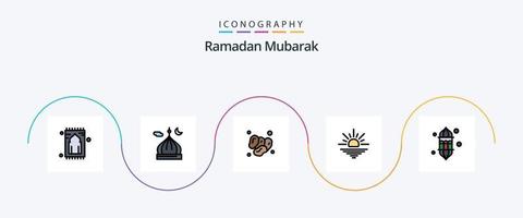 la línea de ramadán llenó el paquete de iconos planos 5 que incluye la mañana. sol. luna. alimento. islam vector