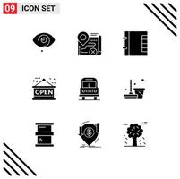 Pack of 9 Modern Solid Glyphs Signs and Symbols for Web Print Media such as travel shop close open phone Editable Vector Design Elements