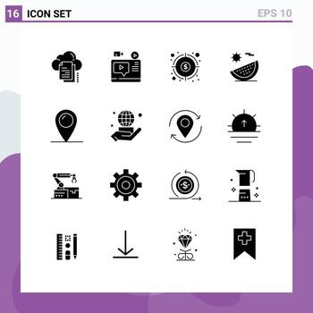 16 User Interface Solid Glyph Pack of modern Signs and Symbols of fruit beach youtube target fund Editable Vector Design Elements