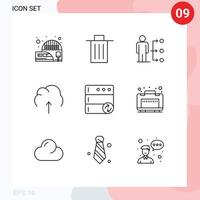 Pack of 9 Modern Outlines Signs and Symbols for Web Print Media such as server data trash cloud user Editable Vector Design Elements