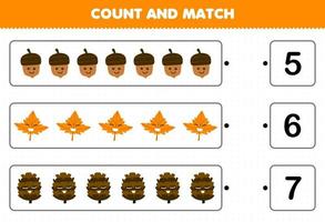 Education game for children count the number of cute cartoon acorn maple leaf pinecone and match with the right numbers printable nature worksheet vector