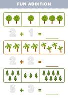 Education game for children fun addition by counting and tracing the number of cute cartoon tree printable nature worksheet vector