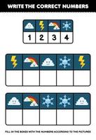 juego de educación para niños escribe los números correctos en el cuadro de acuerdo con las lindas imágenes de copos de nieve de arco iris de trueno de nube en la hoja de trabajo de naturaleza imprimible de mesa vector