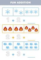 Education game for children fun addition by counting and tracing the number of cute cartoon snowflake fire ice printable nature worksheet vector