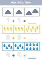 Education game for children fun addition by counting and tracing the number of cute cartoon cloud thunder water printable nature worksheet vector